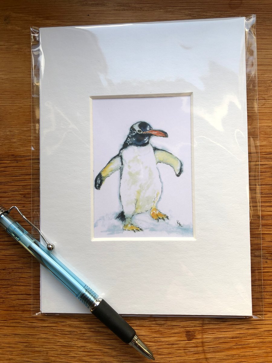'Percy Penguin' Mounted print of miniature watercolour - FREE UK POST