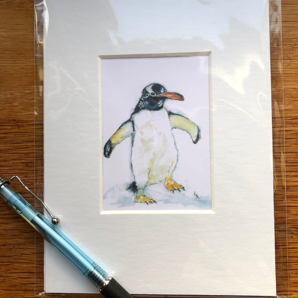 'Percy Penguin' Mounted print of miniature watercolour - FREE UK POST