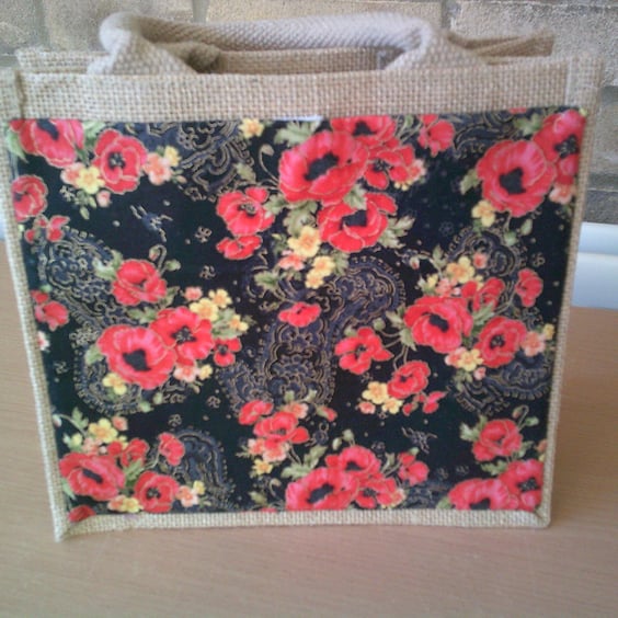 Small Jute Bag with Poppies on a Black Background