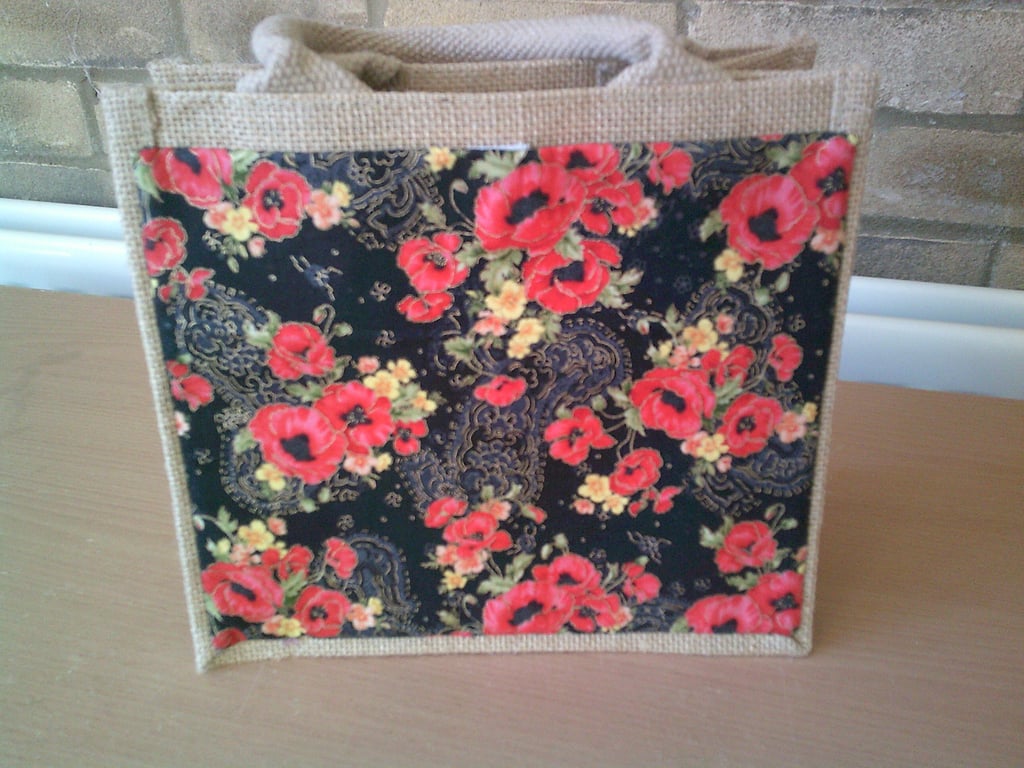 Small Jute Bag with Poppies on a Black Background