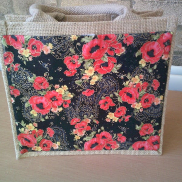 Small Jute Bag with Poppies on a Black Background