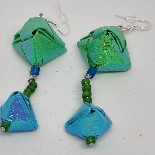Long origami earrings:  light blue and green iridescent paper and small beads 
