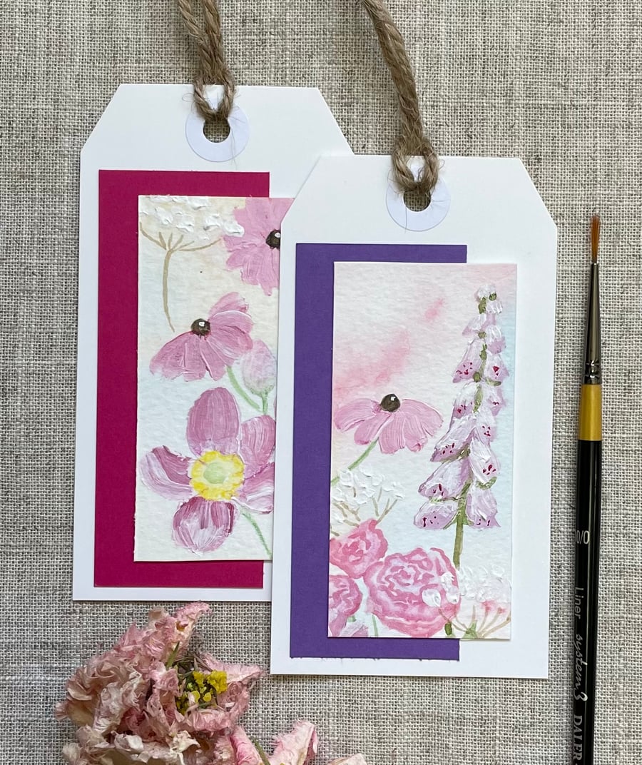 Pair of Hand painted, floral gift tags, summer flowers.