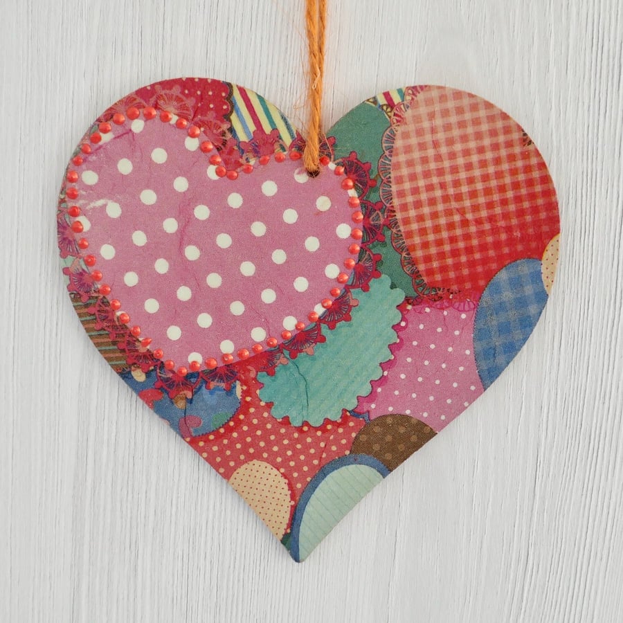 Decoupaged Wooden Hanging Heart: Patchwork Hearts design 6” (15cm)