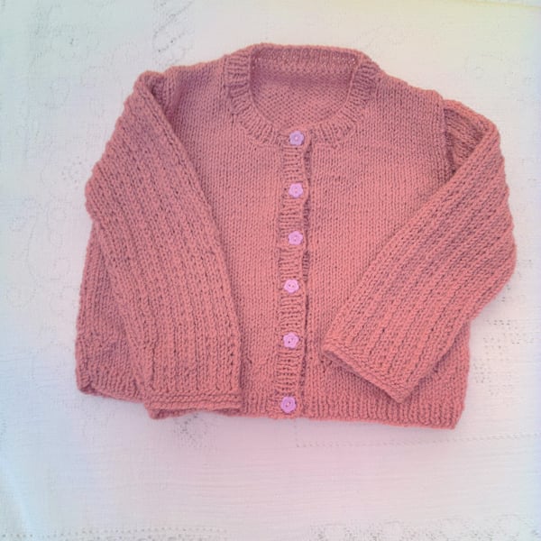 Baby's Hand Knitted Round Neck Cardigan with Lacy Set in Sleeves, Custom Make