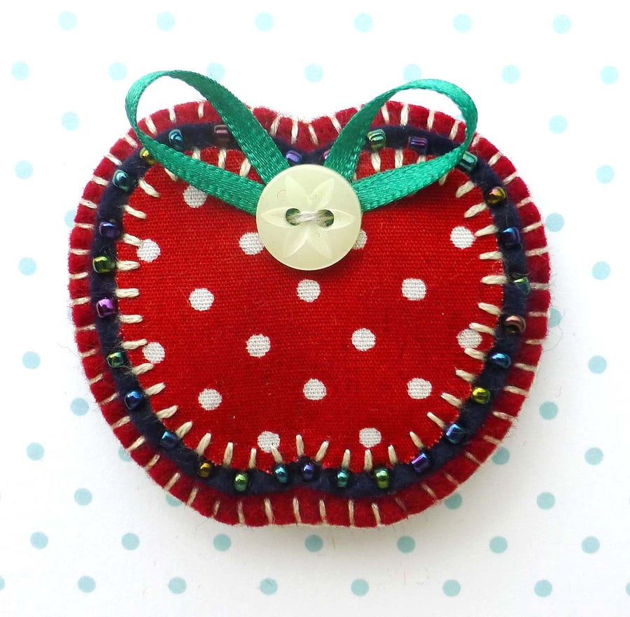 Apple Brooch, Fabric Appliqué Brooch