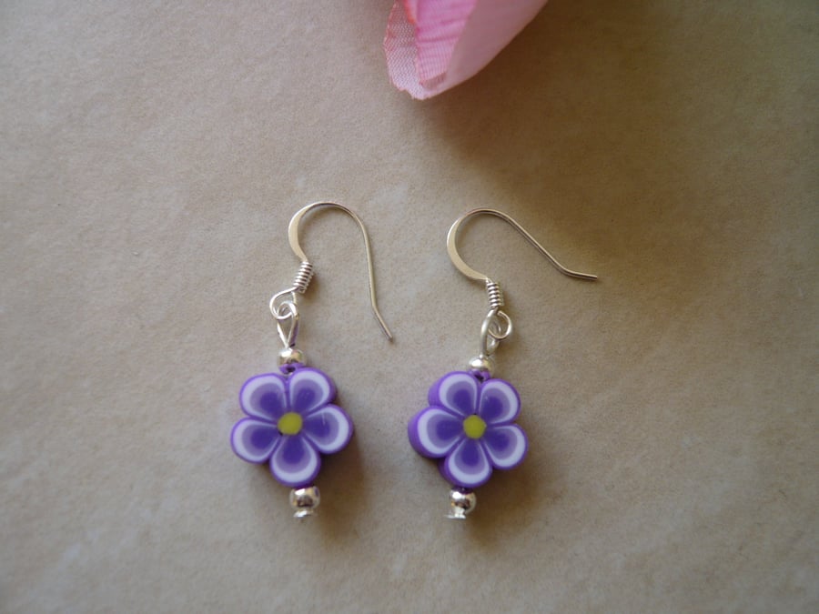 Purple Flower Polymer Clay Bead Earrings