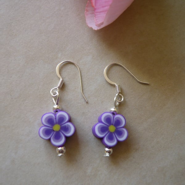 Purple Flower Polymer Clay Bead Earrings