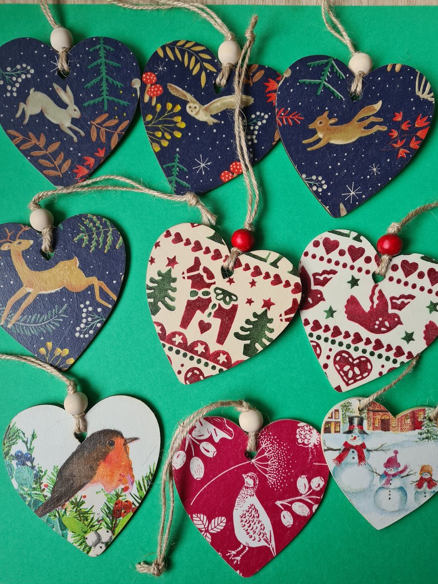 Any 3 decorations pick and mix wooden decoupage Christmas decorations 
