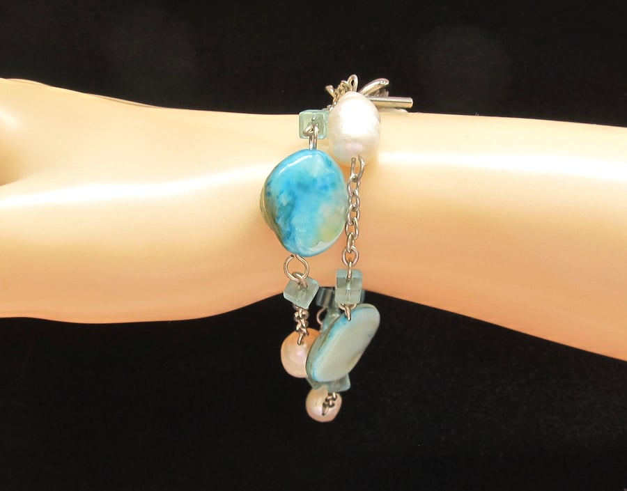 Turquoise Blue Mother of Pearl Bracelet, Shell Nuggets and White Potato Pearls
