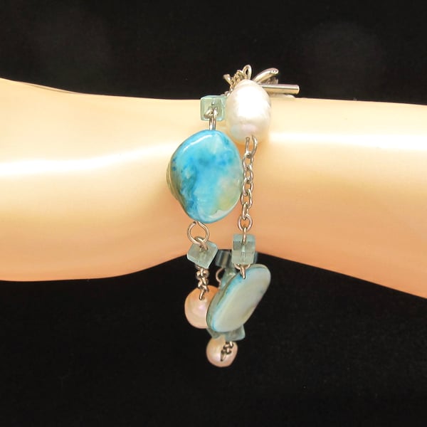 Turquoise Blue Mother of Pearl Bracelet, Shell Nuggets and White Potato Pearls