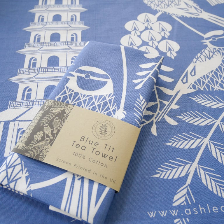 Blue Tea Towel Screen Printed Blue Tit Design Wall Art Hanger