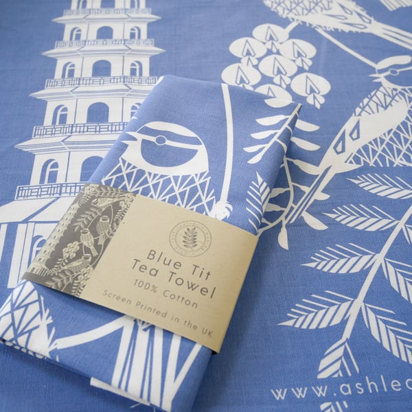 Blue Tea Towel Screen Printed Blue Tit Design Wall Art Hanger