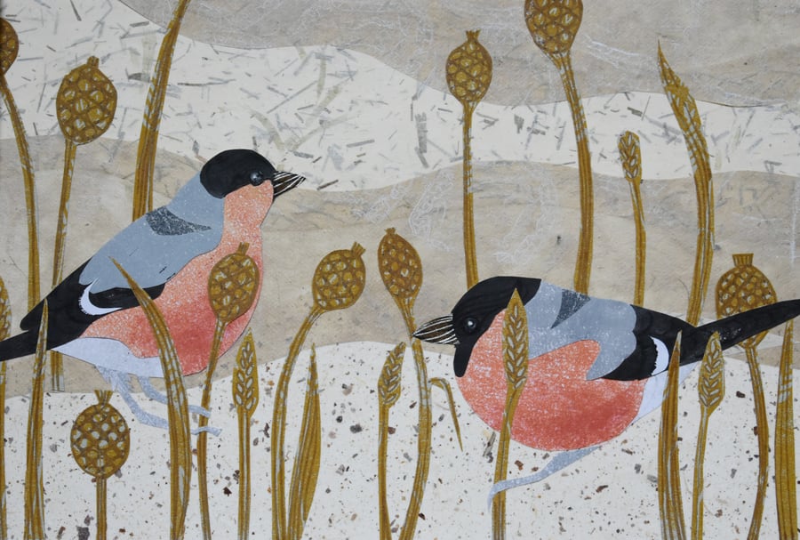 Bullfinches and Knapweed - COLLAGE LINO PRINT