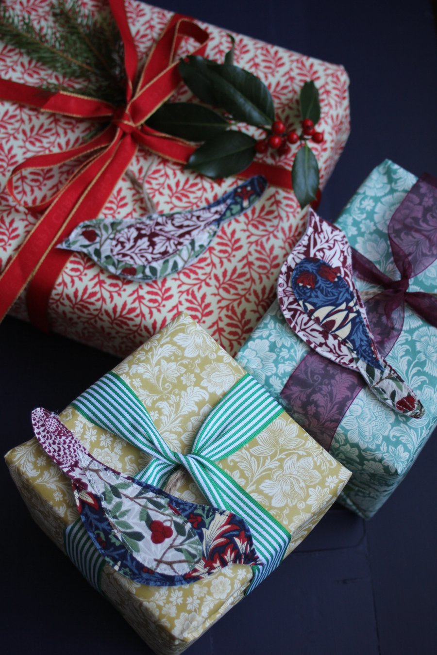 William Morris 'Winter Berry' fabric hanging bird trio decorations