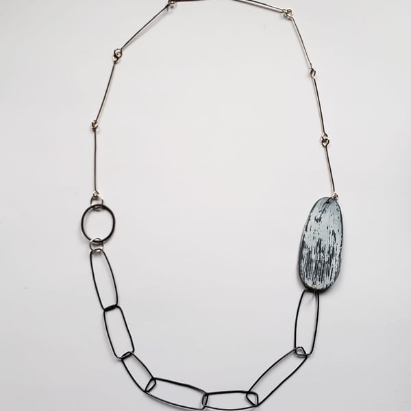 Unusual silver, black and duck egg blue quirky chain necklace