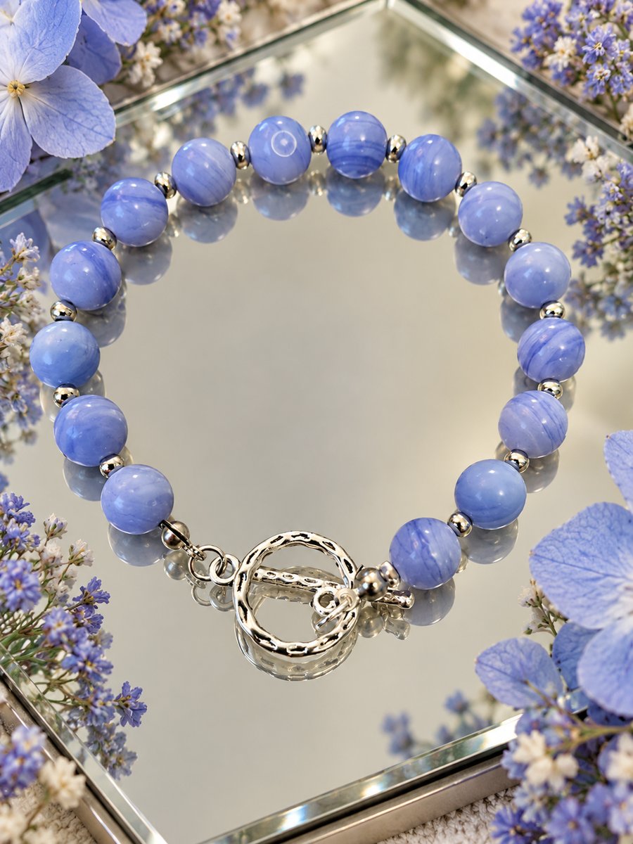 Blue Lace Agate Bracelet with T-Bar Clasp (Calm & Inner Peace)