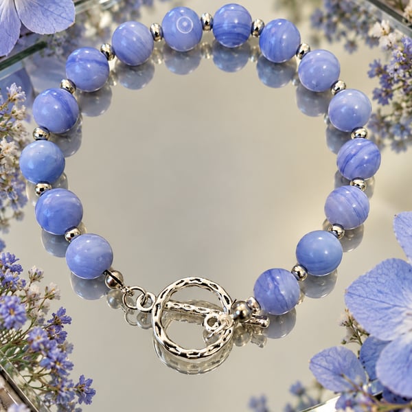 Blue Lace Agate Bracelet with T-Bar Clasp (Calm & Inner Peace)
