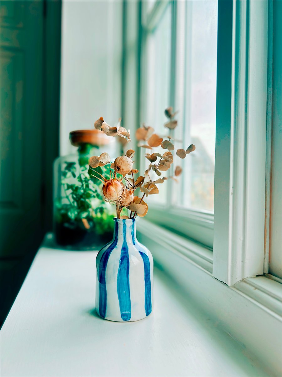 Small Handmade Bud Vase – Indigo Striped Ceramic Vase
