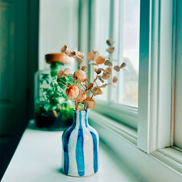 Small Handmade Bud Vase – Indigo Striped Ceramic Vase