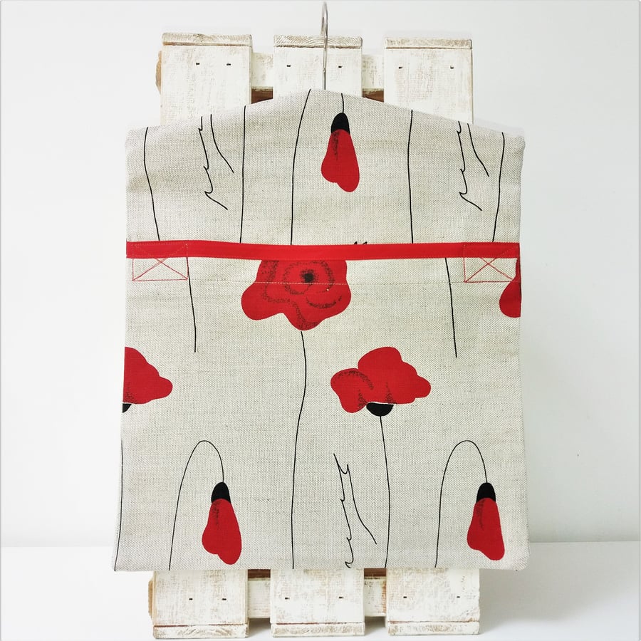 Handmade Linen Cotton Red Poppies Peg Bag Size 35cm x 30cm 14" x 12"