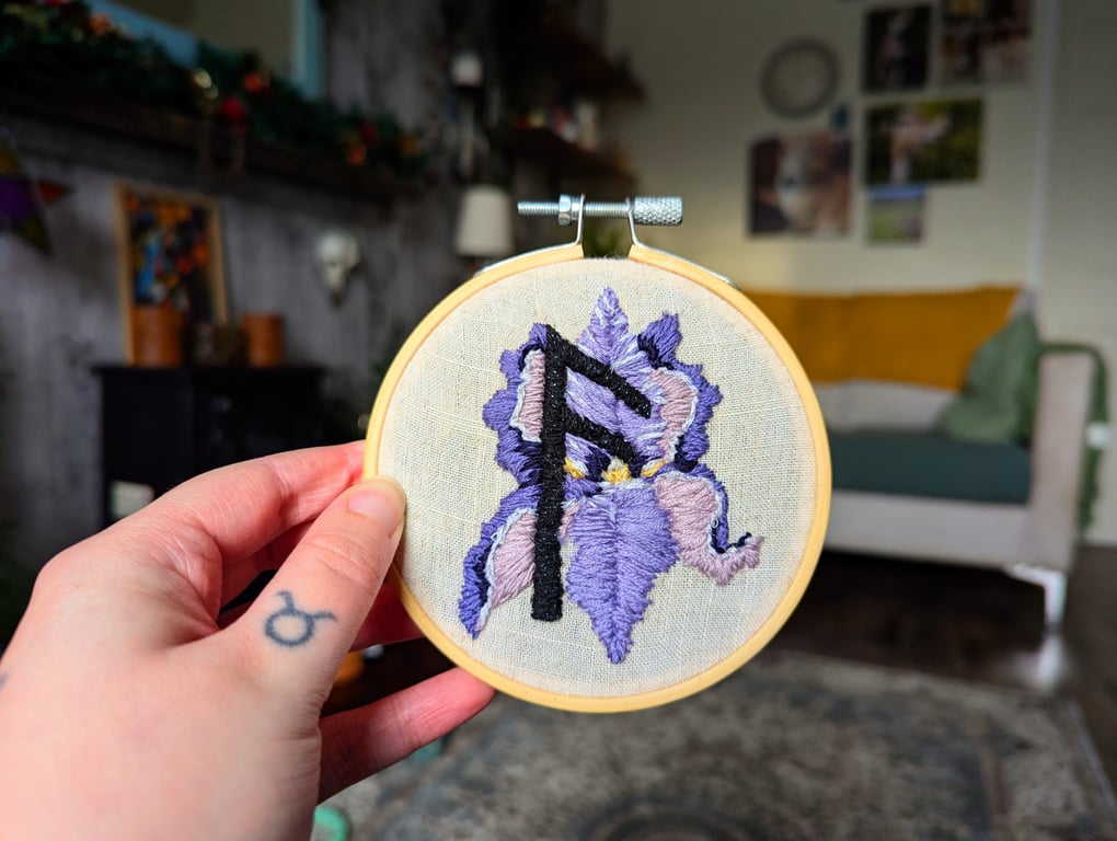 Ansuz Rune and Iris Flower embroidery 