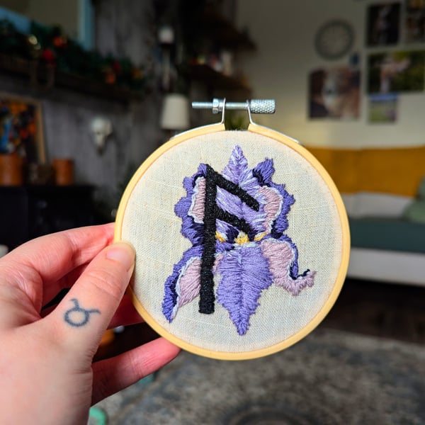 Ansuz Rune and Iris Flower embroidery 