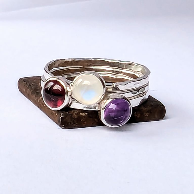 Sterling Silver Gemstone Stacking Rings, Handmade Urban Design Jewellery