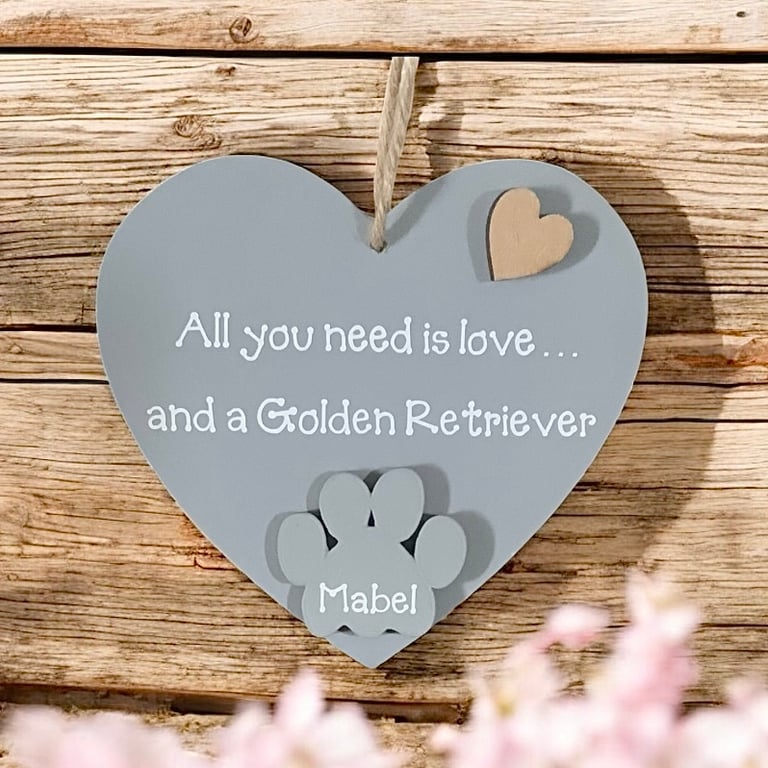 Golden Retriever With Personalised Paw Grey Wooden Hanging Heart Sign
