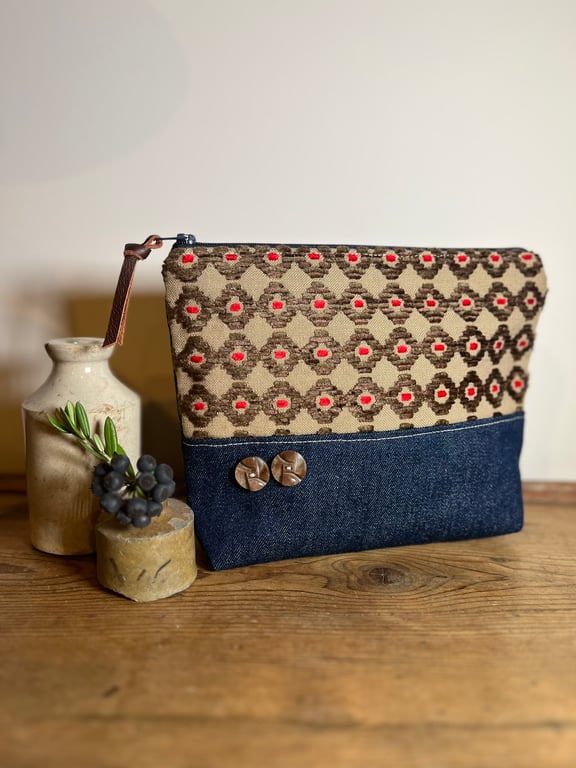 Dark denim and chenille pouch with vintage buttons
