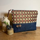 Dark denim and chenille pouch with vintage buttons