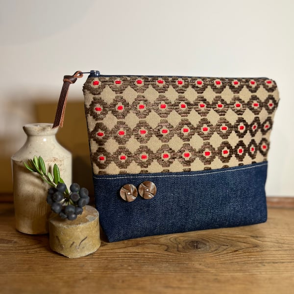 Dark denim and chenille pouch with vintage buttons