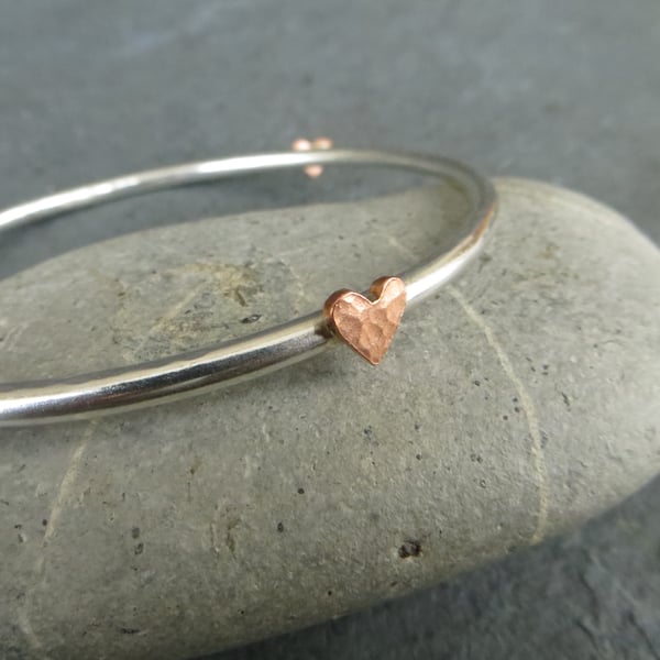 Sterling silver bangle with textured copper hearts, valentines gift
