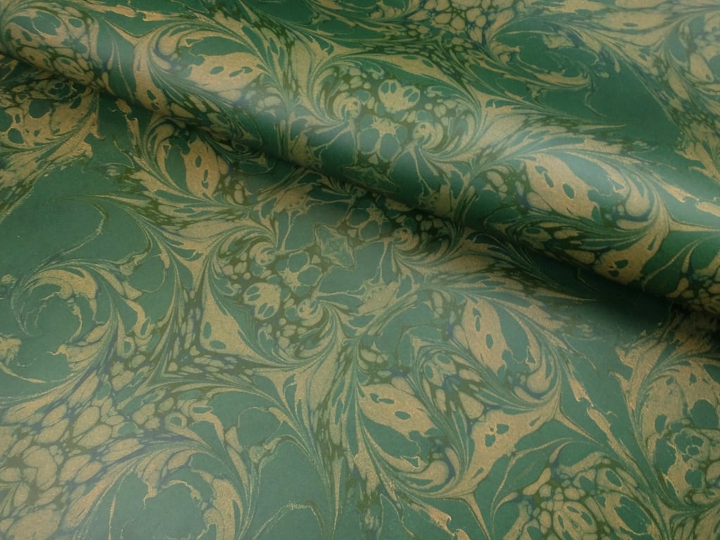 Rococo swirls design wrapping paper in green and golden yellow