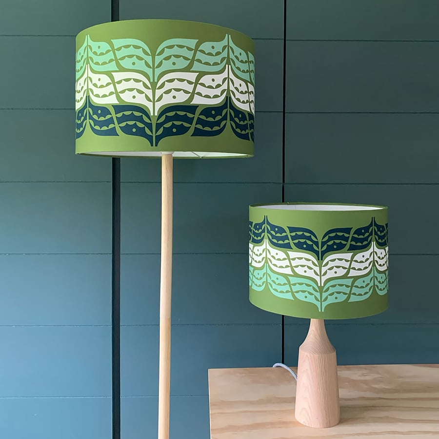 Handmade Leaf Print Lampshade - Moss Green & Blues - British Made
