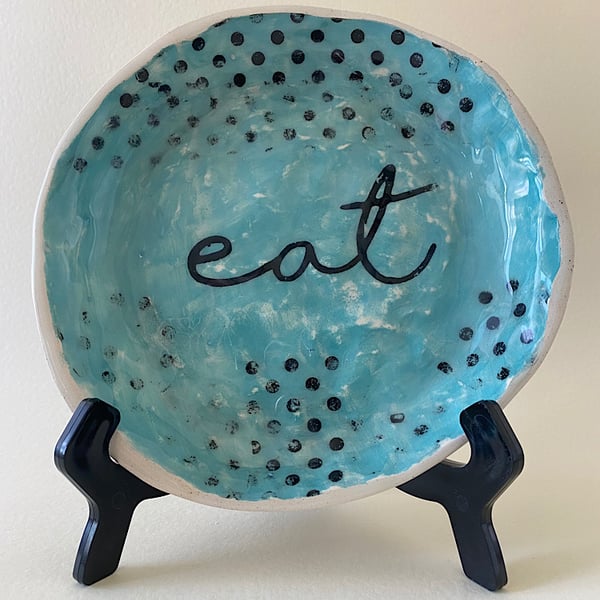 Spotty turquoise Eat ceramic handmade plate. 