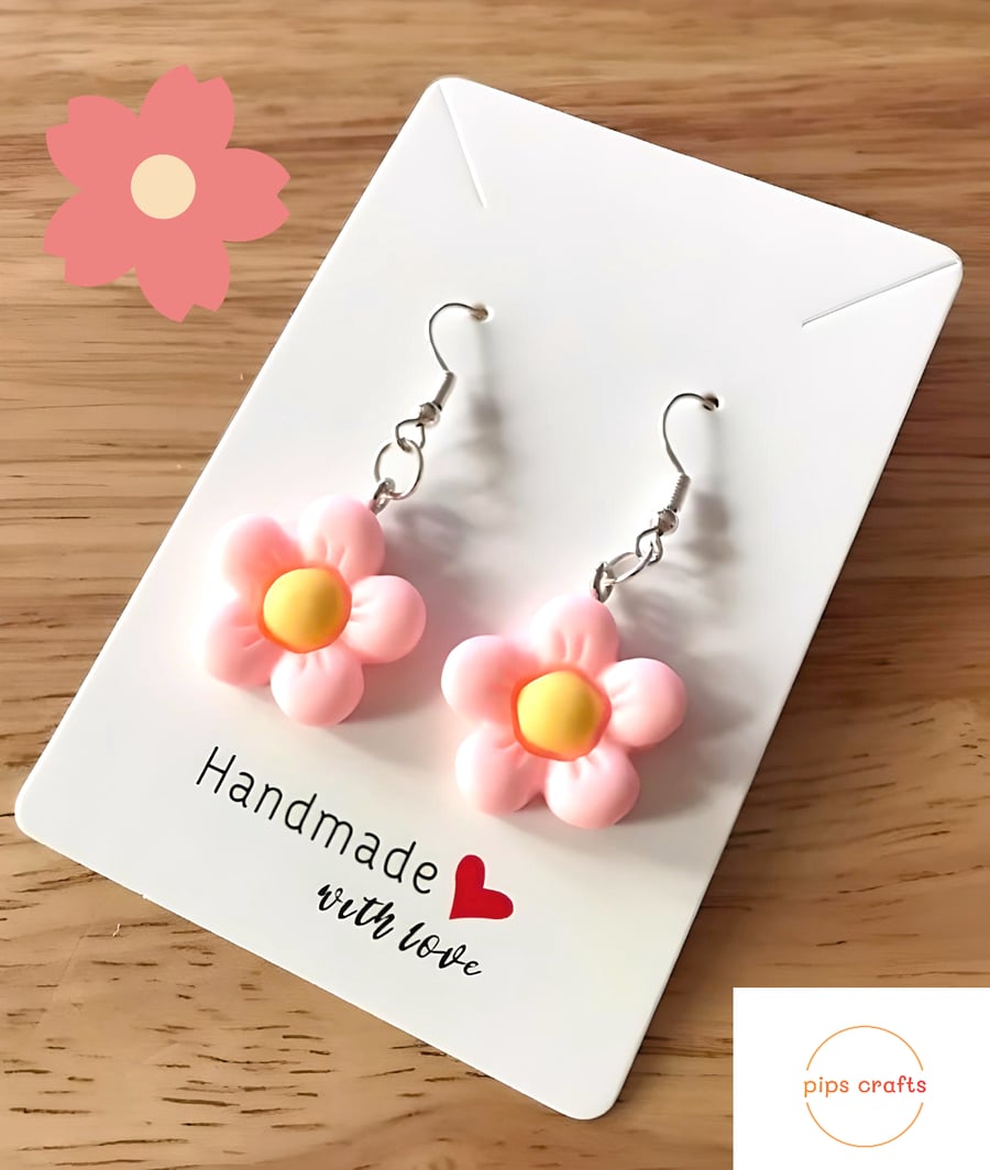 Funky Flower Earrings - Light Pink & Yellow, 925 Silver Hooks, Flower Jewellery