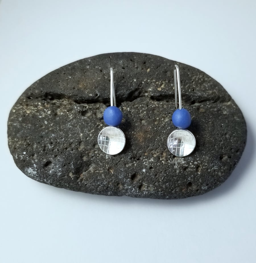 Earrings Blue Ceramic Bead & Textured Dome Sterling Silver Dangle 