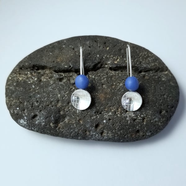 Earrings Blue Ceramic Bead & Textured Dome Sterling Silver Dangle 