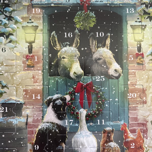 Mistletoe and holly stable door and animals Advent Calendar Card Handmade 8 inch