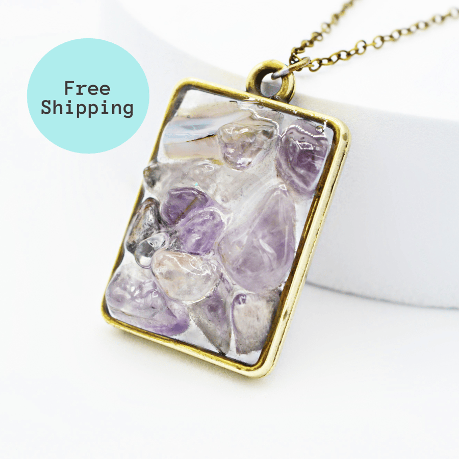 Amethyst Brass plated Small Rectangle Worry Stone Necklace - Free Postage