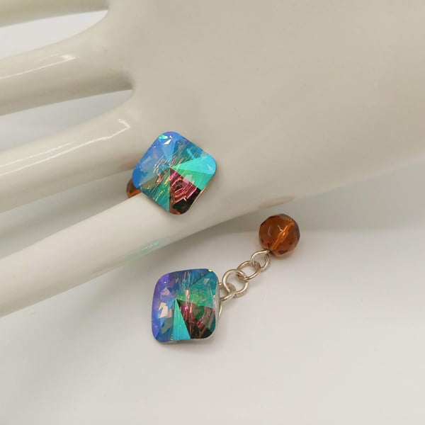 Cuff Links With Crystal Paradise Square Crystal Elements Buttons, Gift for Him