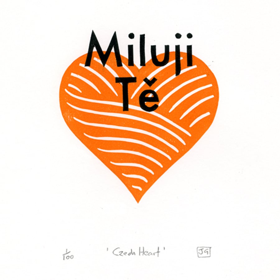 Czech Heart linocut valentines print (orange)