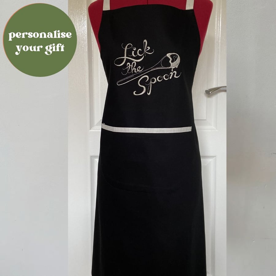 Chef Style Apron In Black Embroidered with 'Lick the Spoon'