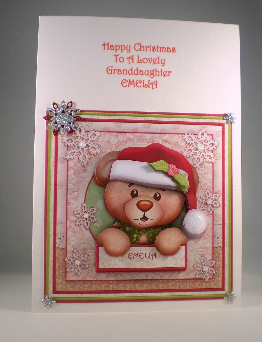 Cute Teddy Christmas Card, Handmade, Decoupage, 3D, Personalise