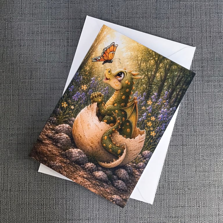 Birthday Greeting Card Baby Dragon, Cute Dragon Hatching from Egg, Fantasy A5