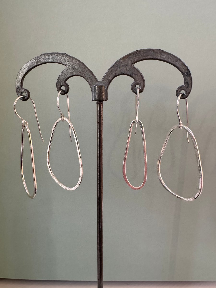 Silver drop earrings - mismatched organic pebbles in recycled sterling silver