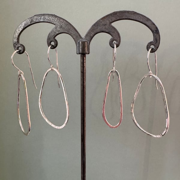 Silver drop earrings - mismatched organic pebbles in recycled sterling silver