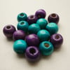 16 Purple and Turquoise Round Wooden Beads