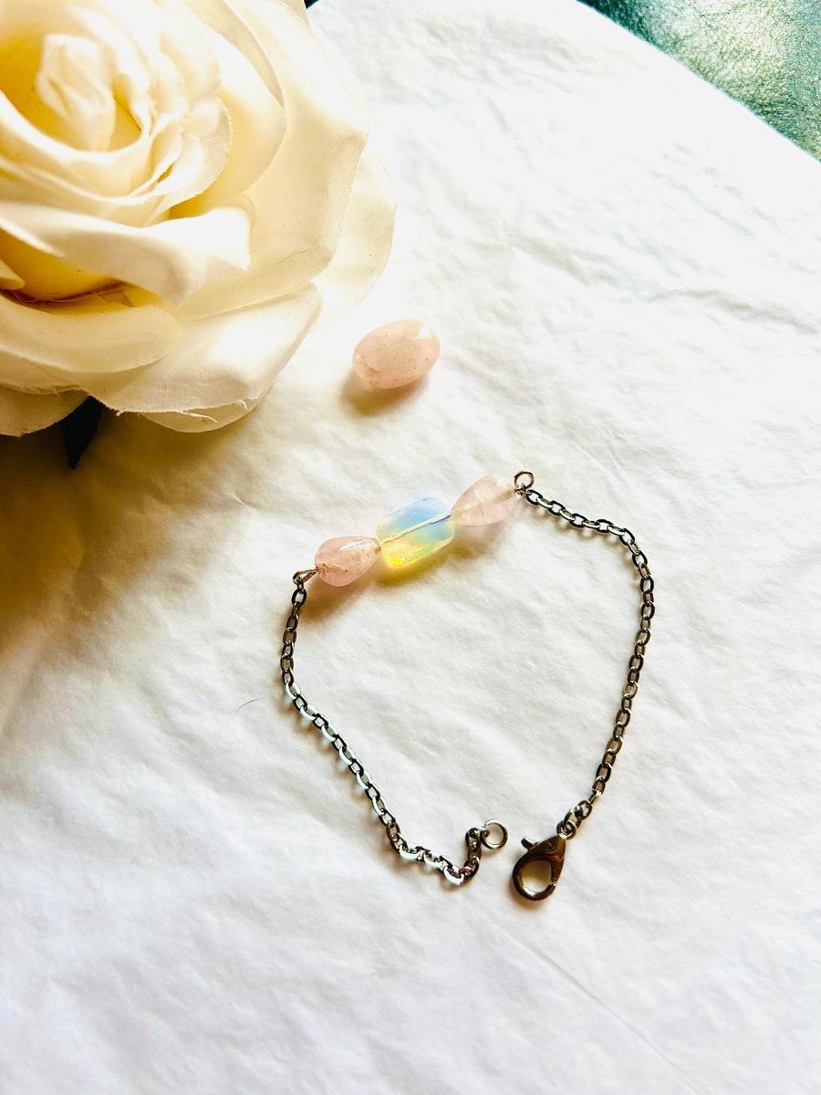 Rose quartz & moonstone bracelet with stainless steel - Birthstones - Menopause